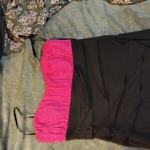 Pink and Black Strapless Sheath Dress with Ruffled Tiers